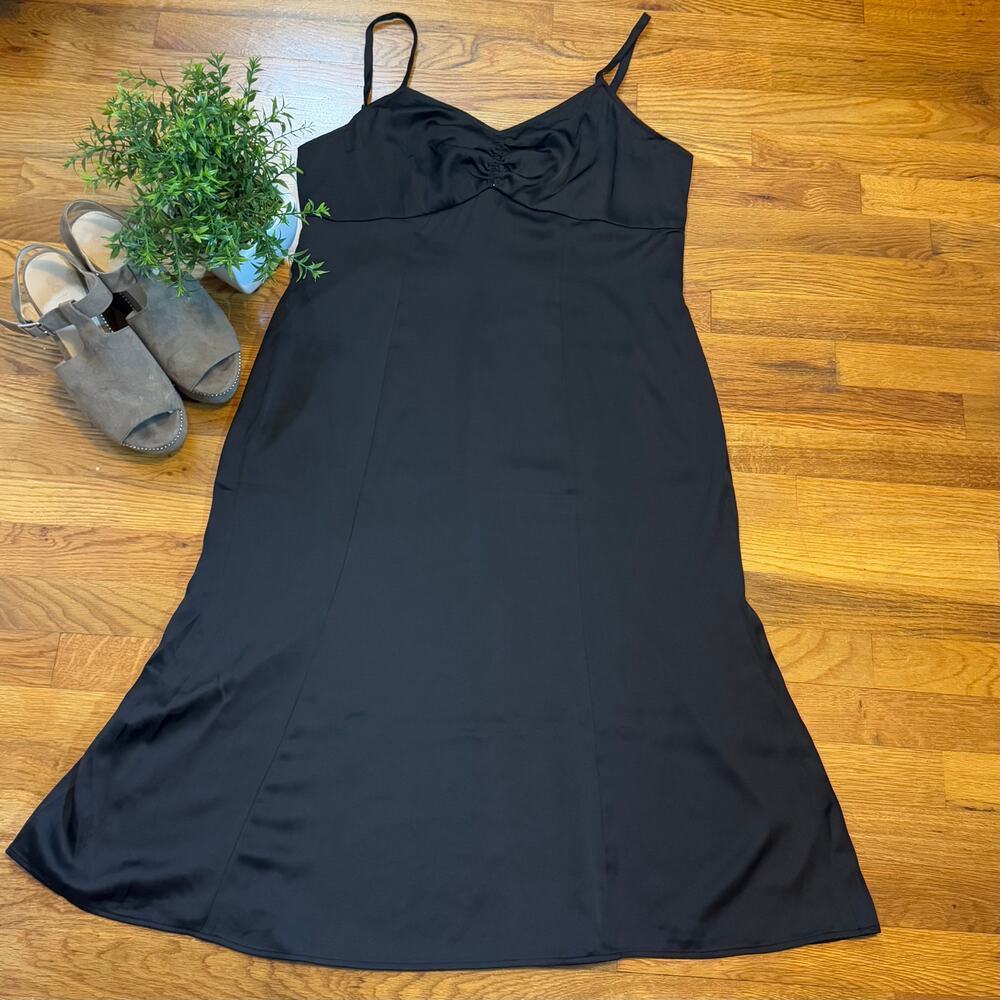 Melrose and Market Women’s Large Black Satin Spaghetti Strap. Midi Dress Party